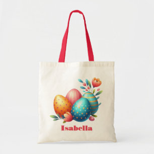 Bright Easter Egg and Spring Flowers Custom Name Tote Bag