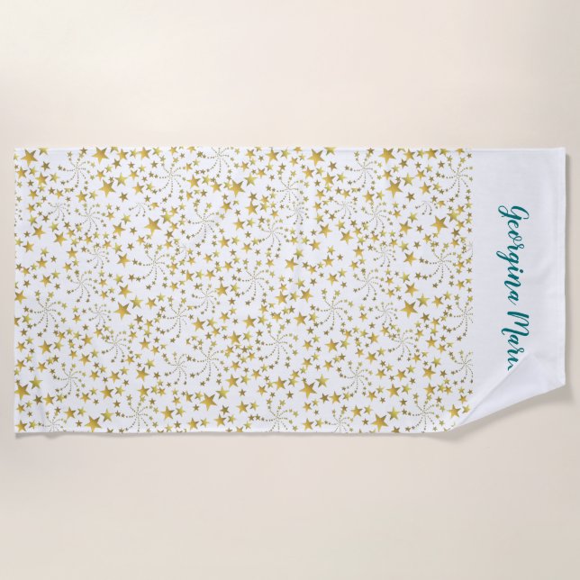 Bright Elegant Trendy Gold Stars Custom Name Beach Towel (Front)