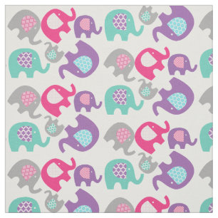 Bright Elephants on White Fabric
