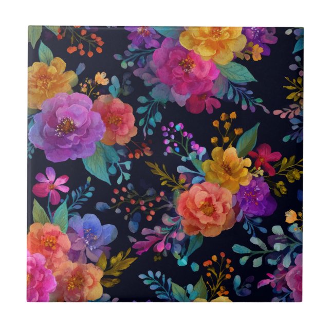 Bright Exotic Flower Blossoms on Black Vintage Tile (Front)