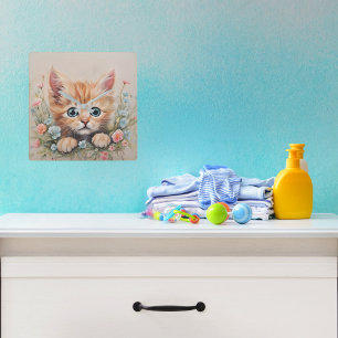 Bright Eyed Kitten Nursery Square Wall Clock