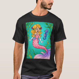 Bright Eyed Smiling Blonde Mermaid With Sea Horse T-Shirt
