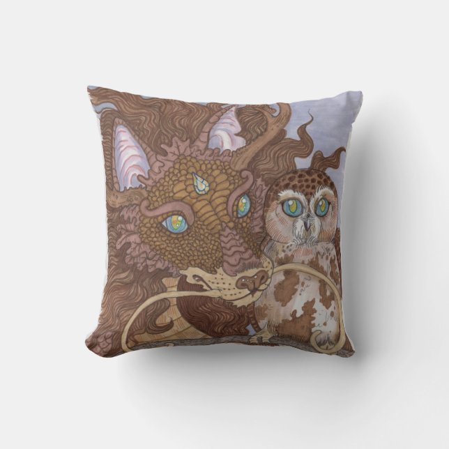 Bright Eyes Owl and Dragon Cushion (Front)