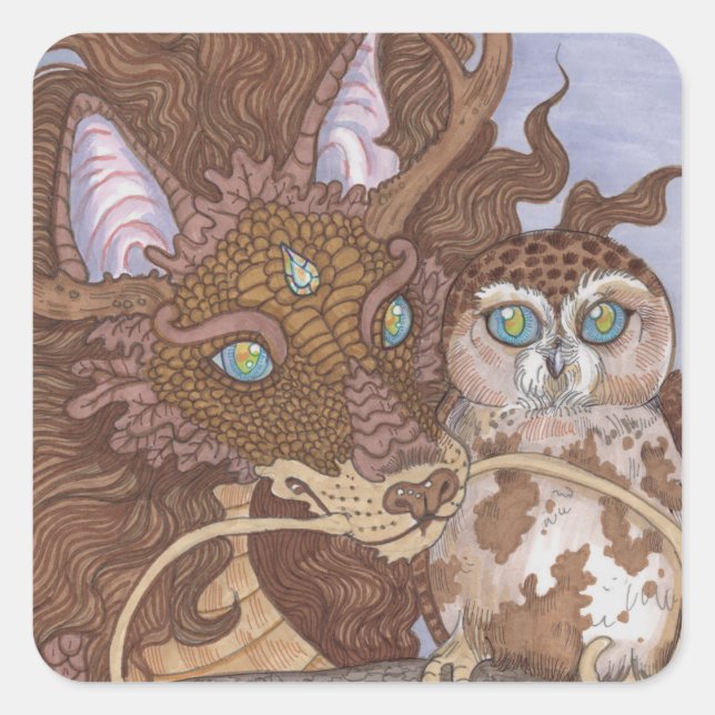 Bright Eyes Owl and Dragon Square Sticker (Front)