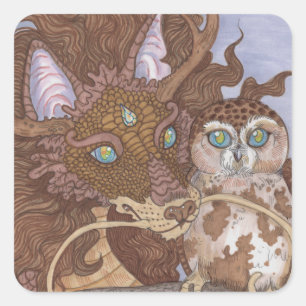 Bright Eyes Owl and Dragon Square Sticker