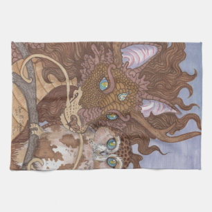 Bright Eyes Owl and Dragon Tea Towel