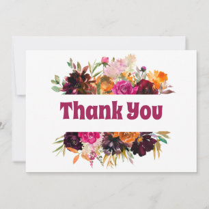 Bright Fall Floral Orange Burgundy Roses Peonies  Thank You Card