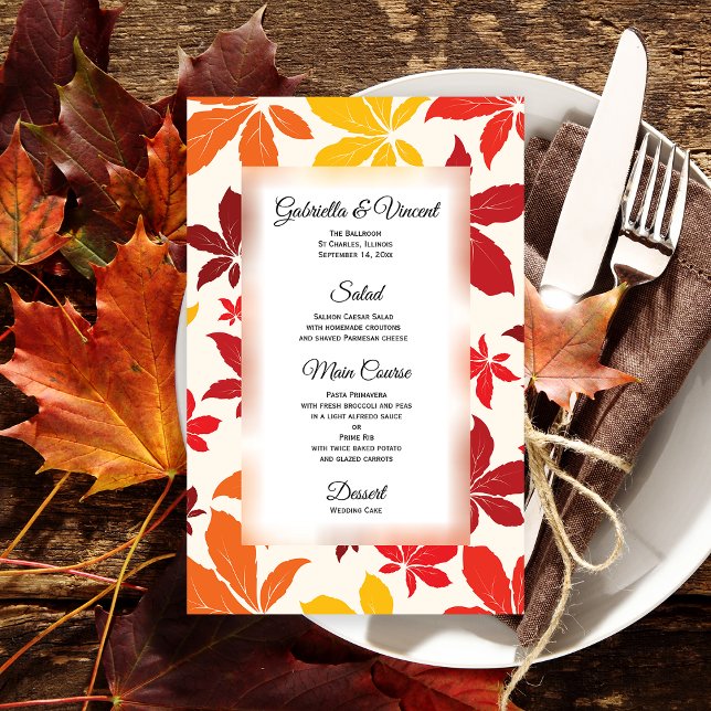Bright Fall Leaves Wedding Menu (Set a warm Autumn table for your celebration event with the festive Bright Fall Leaves Menu.)