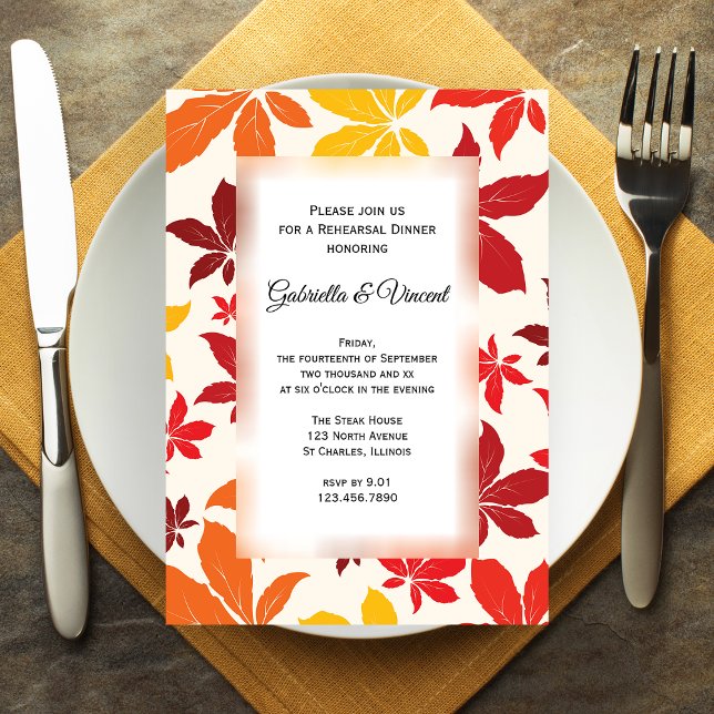Bright Fall Leaves Wedding Rehearsal Dinner Invitation (Set a warm Autumn tone with the Bright Fall Leaves Wedding Rehearsal Dinner Invitation.)