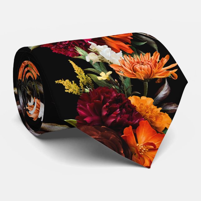 Bright Fall, Orange & Red Floral Grooms Wedding Tie (Rolled)