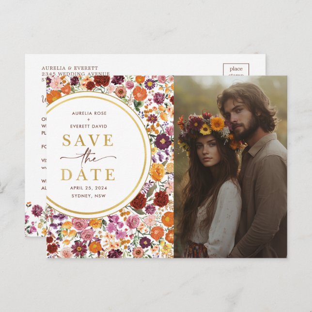 Bright Fall Wildflower Wedding Save the Date Photo Announcement Postcard (Front/Back)