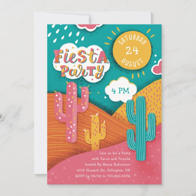 Bright Fiesta Party. Cactus tacos and tequila Invitation (Front)