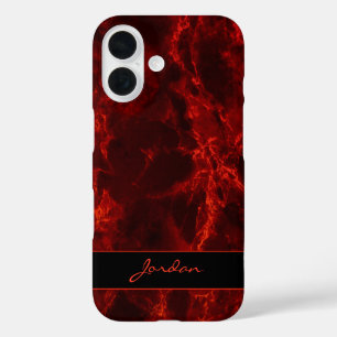 Bright Fire Red Polished Marble Stone with Name iPhone 16 Case