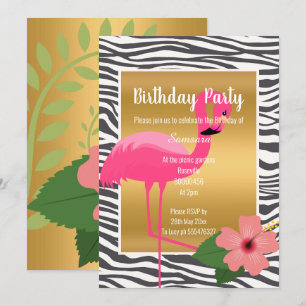BRIGHT FLAMINGO HIBISCUS BLACK ZEBRA PATTERNED INVITATION