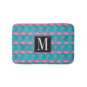 Bright Flamingo Pattern Add Your Initial Bath Mat