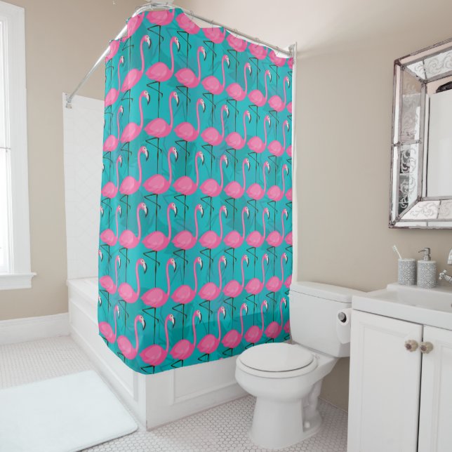 Bright Flamingo Pattern Shower Curtain (In Situ)