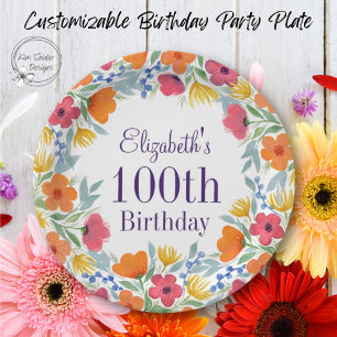 Bright Floral 100th Birthday Paper Plate