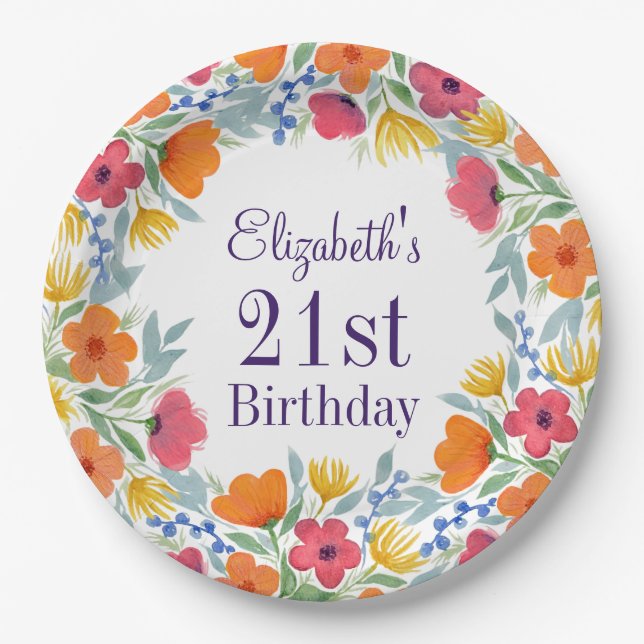 Bright Floral 21st Birthday  Paper Plate (Front)