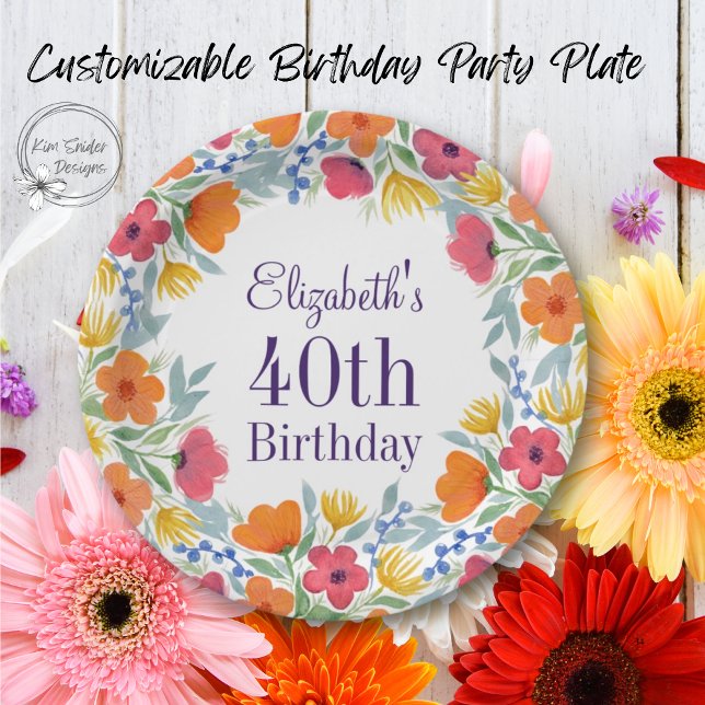 Bright Floral 40th Birthday  Paper Plate (Creator Uploaded)