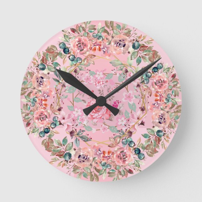 Bright Floral Art, Beautiful Pink Floral Wreath Round Clock (Front)