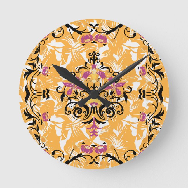 Bright Floral Art, Orange and Black Hollow Life Round Clock (Front)