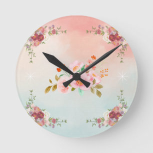 Bright Floral Art, Pink Vintage Flourishing Flower Round Clock