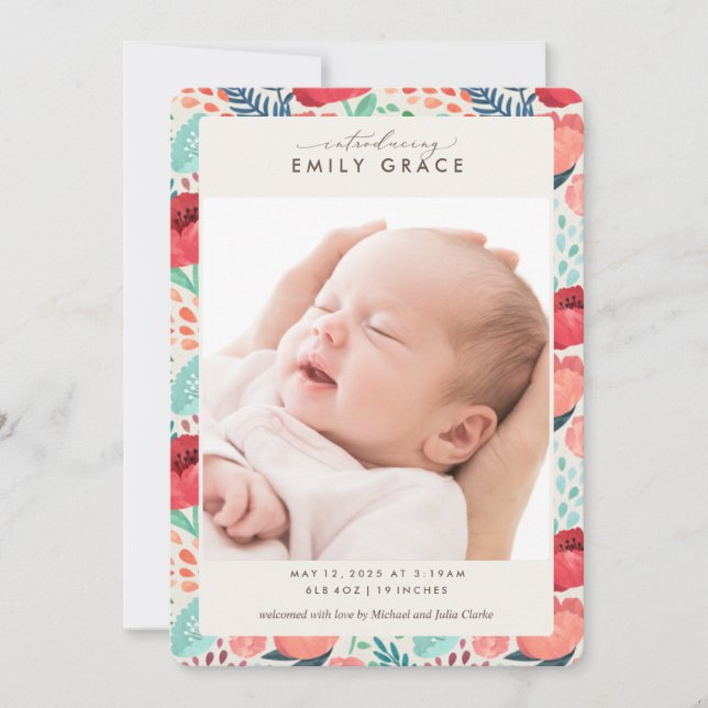 Bright Floral Blooms Photo Girl Birth Announcement (Front)