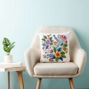 Bright Floral Bouquet Faux Yarn Embroidery  Cushion