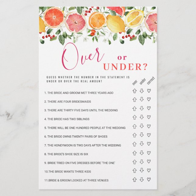 Bright Floral Citrus Slice Bridal Shower Game (Front)