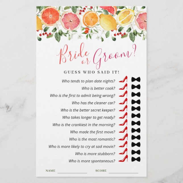 Bright Floral Citrus Slice Bridal Shower Game (Front)
