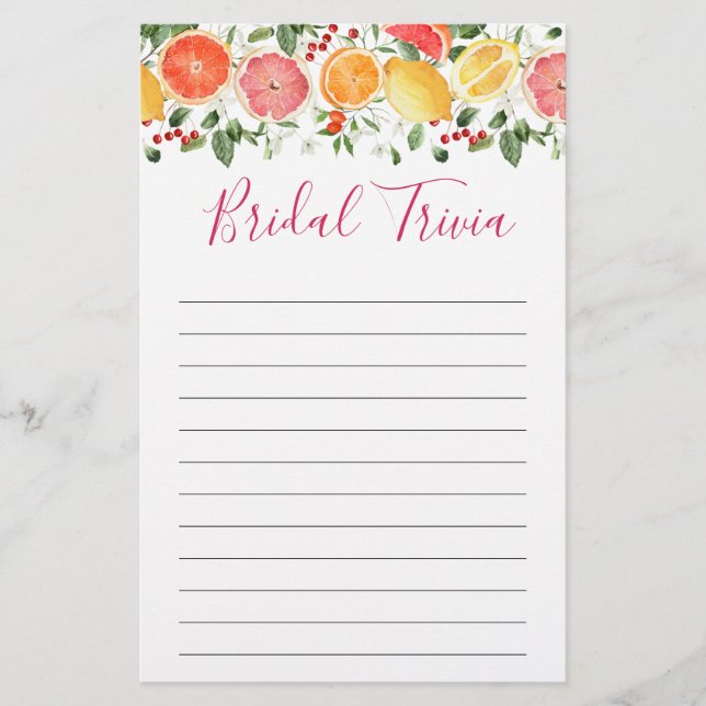 Bright Floral Citrus Slice Bridal Shower Game (Front)