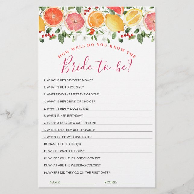 Bright Floral Citrus Slice Bridal Shower Game (Front)