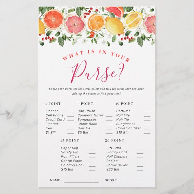 Bright Floral Citrus Slice Bridal Shower Game (Front)