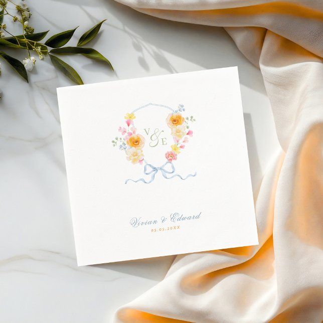 Bright Floral Crest Monogram Spring Wedding Napkin (Creator Uploaded)