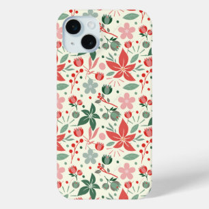 Bright Floral Design with Green Leaves and Dot iPhone 15 Mini Case