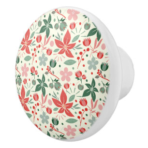 Bright Floral Design with Green Leaves and Dot Ceramic Knob