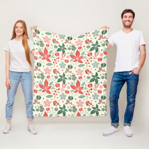 Bright Floral Design with Green Leaves and Dot Fleece Blanket