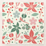 Bright Floral Design with Green Leaves and Dot Glass Coaster<br><div class="desc">Floral pattern with red and pink flowers,  green leaves,  and dots on a white background. The design feels vibrant and whimsical.</div>