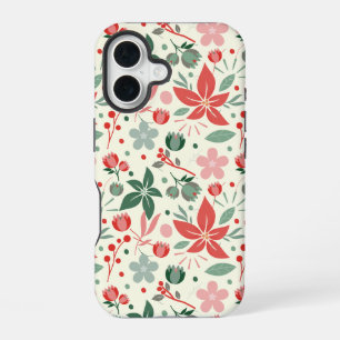 Bright Floral Design with Green Leaves and Dot iPhone 16 Case