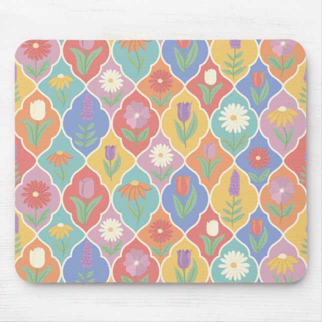Bright Floral Frame Pattern – Colorful Botanical Mouse Pad (Front)