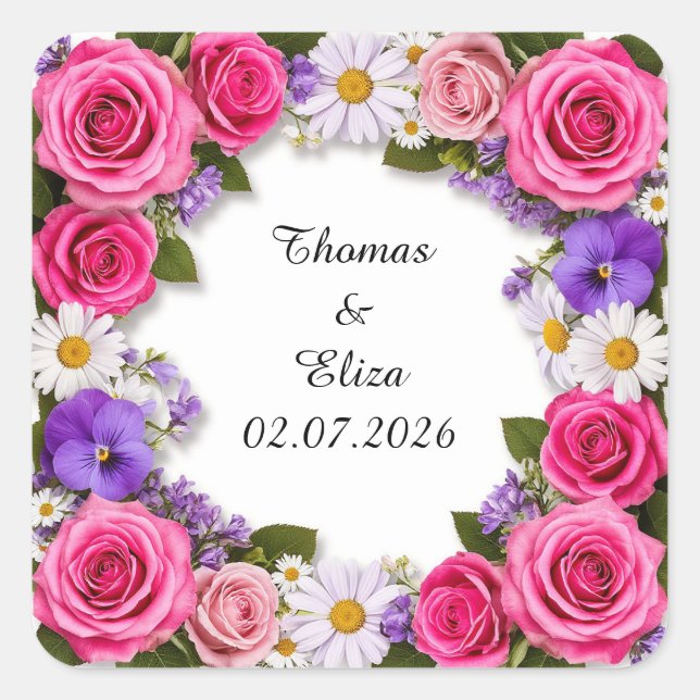 Bright Floral Frame With Roses Square Sticker (Front)