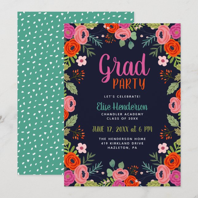 Bright Floral Graduation Party Invitation (Front/Back)