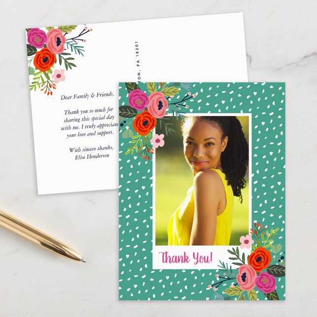 Bright Floral Graduation Photo Thank You Postcard (Creator Uploaded)