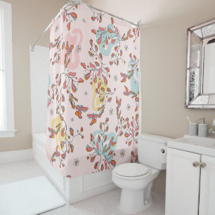 Bright, floral hidden cat pattern, pink base shower curtain