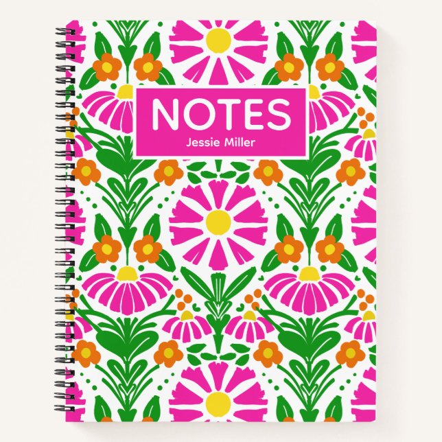 Bright Floral Magenta Orange Green Personalised  Notebook (Front)