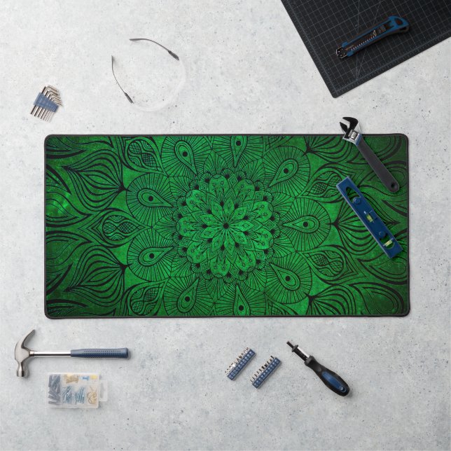  Bright Floral Mandala Zen Boho Cool Vibrant Green Desk Mat (Workstation)