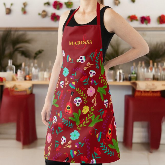 Bright floral Mexican 5 de mayo red monogram Apron (Bright floral Mexican 5 de mayo red monogram Apron)
