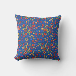 Bright Floral Miniprint on Blue Pillow or Cushion