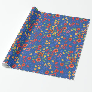 Bright Floral Miniprint on Blue Wrapping Paper