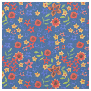 Bright Floral Miniprint Pattern on Blue Fabric